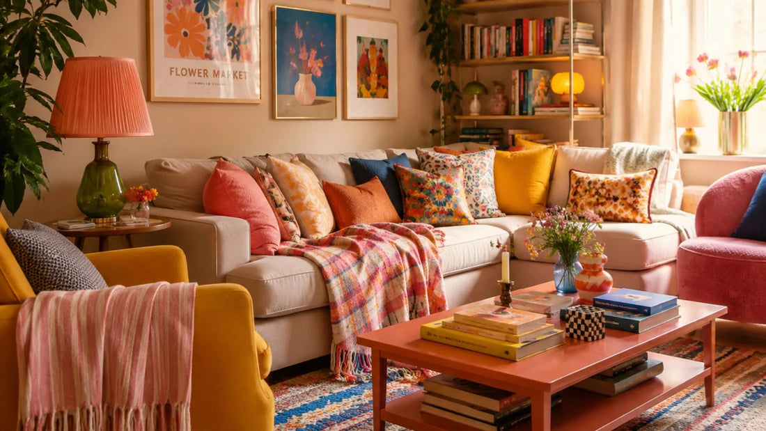 Salon chaleureux en style dopamine décor, baigné d’une lumière douce, avec canapé clair, coussins colorés, plaid à motifs, fauteuil moutarde, table basse corail, plantes vertes, affiches murales fleuries et objets déco aux couleurs vives.