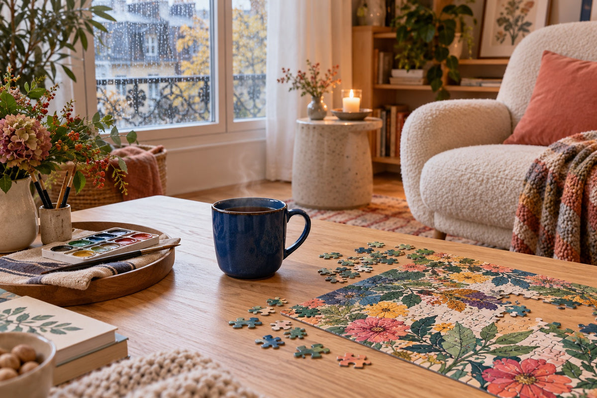Ambiance cocooning : tasse de thé, puzzle et peinture pour un après-midi pluvieux