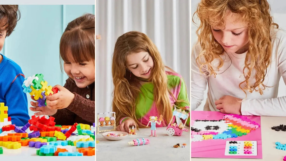 Enfants jouant avec Plus-Plus BIG, CLASSIC et Puzzle by Number