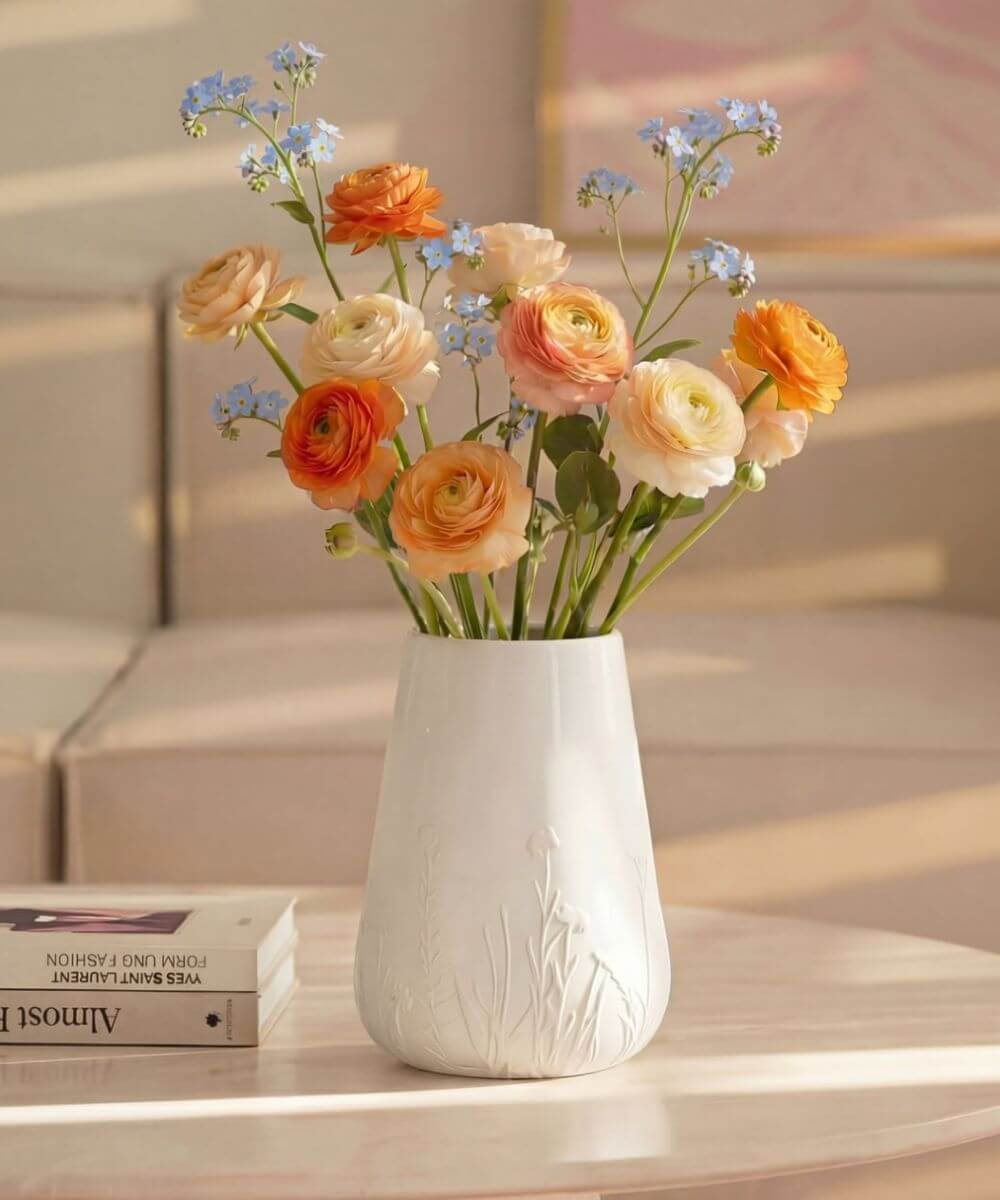Vase de la marque Räder posé sur une table avec un magnifique bouquet de fleurs colorées dedans