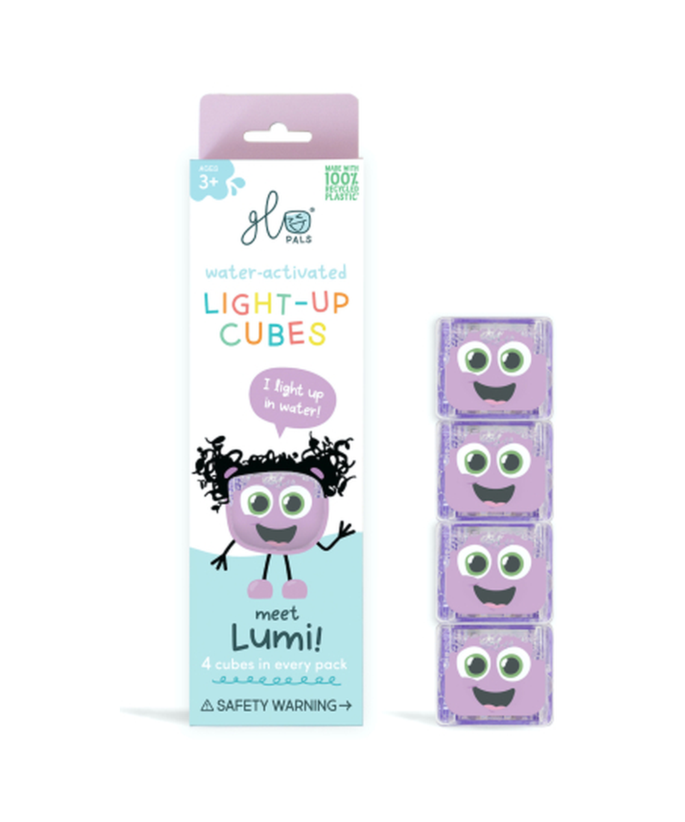 Coffret de 4 cubes lumineux de bain violets lila en plastique recycle  de la marque Glo Pals.