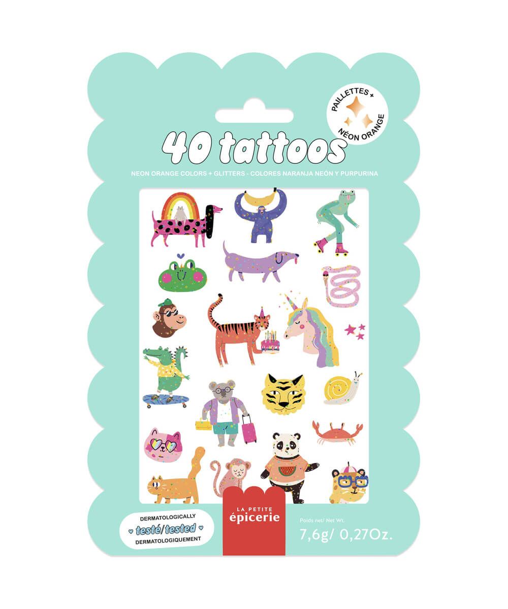 40 tatouages pailletés Cute Animals de la marque La Petite Épicerie, sur fond blanc