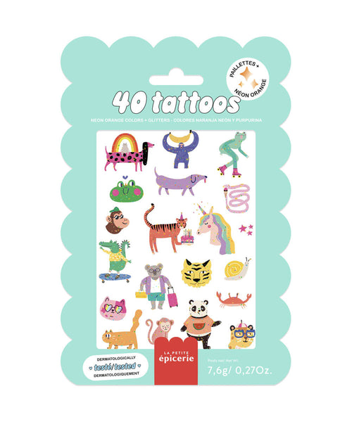 40 tatouages pailletés Cute Animals de la marque La Petite Épicerie, sur fond blanc