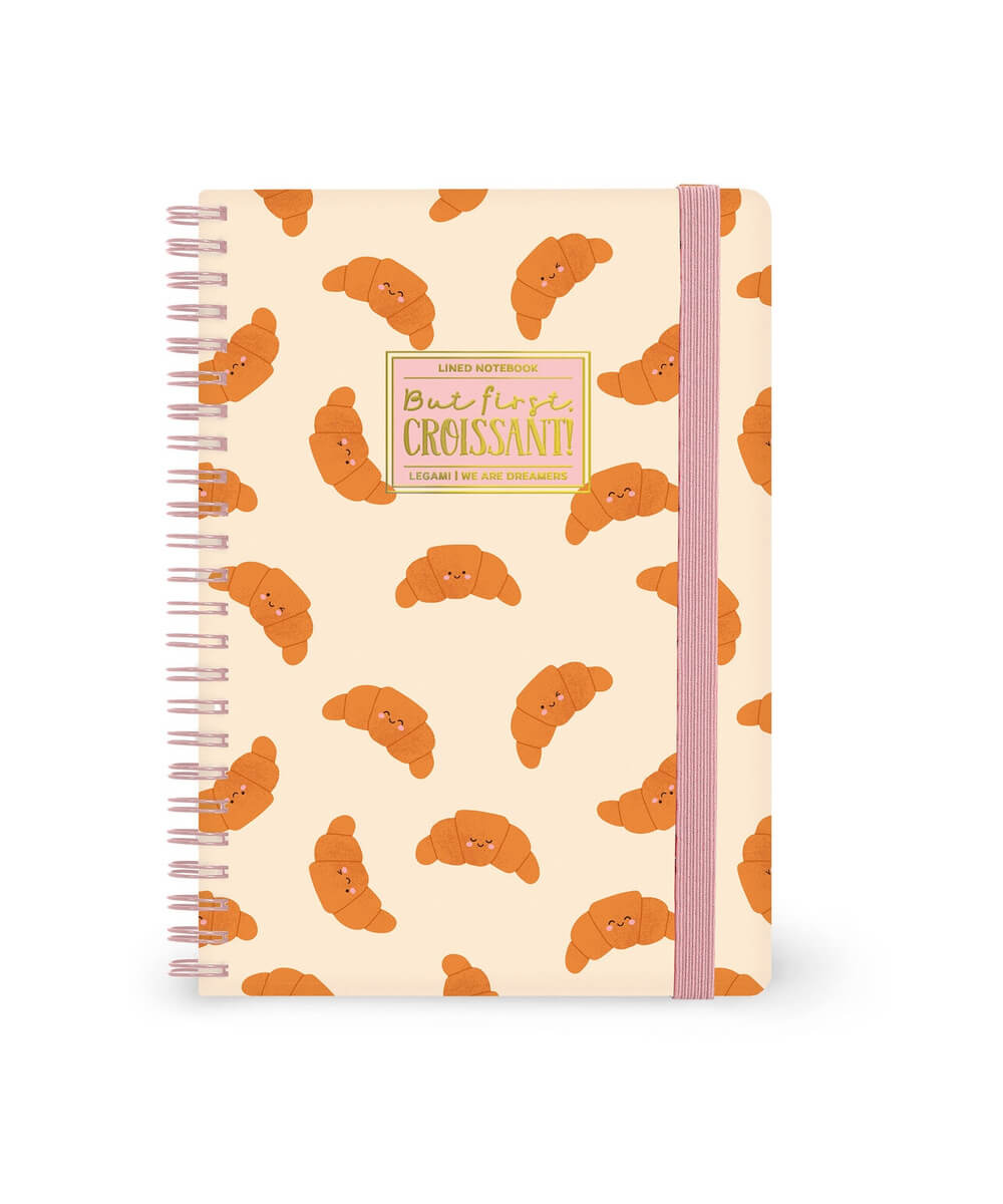 Cahier A5 à spirale Croissant de Legami, couverture et fermeture élastique sur fond blanc