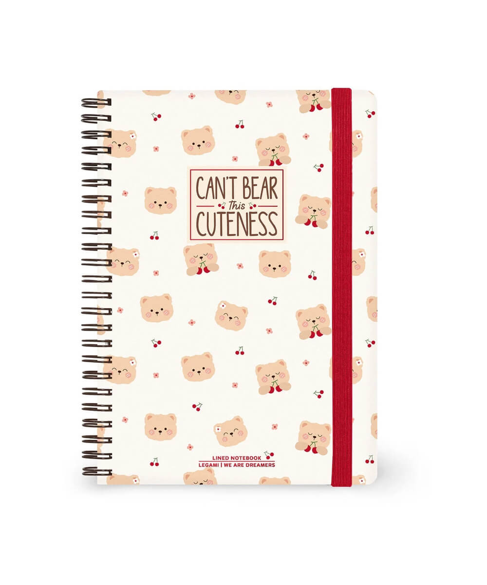 Cahier A5 à spirale Ourson de Legami, couverture et fermeture élastique sur fond blanc