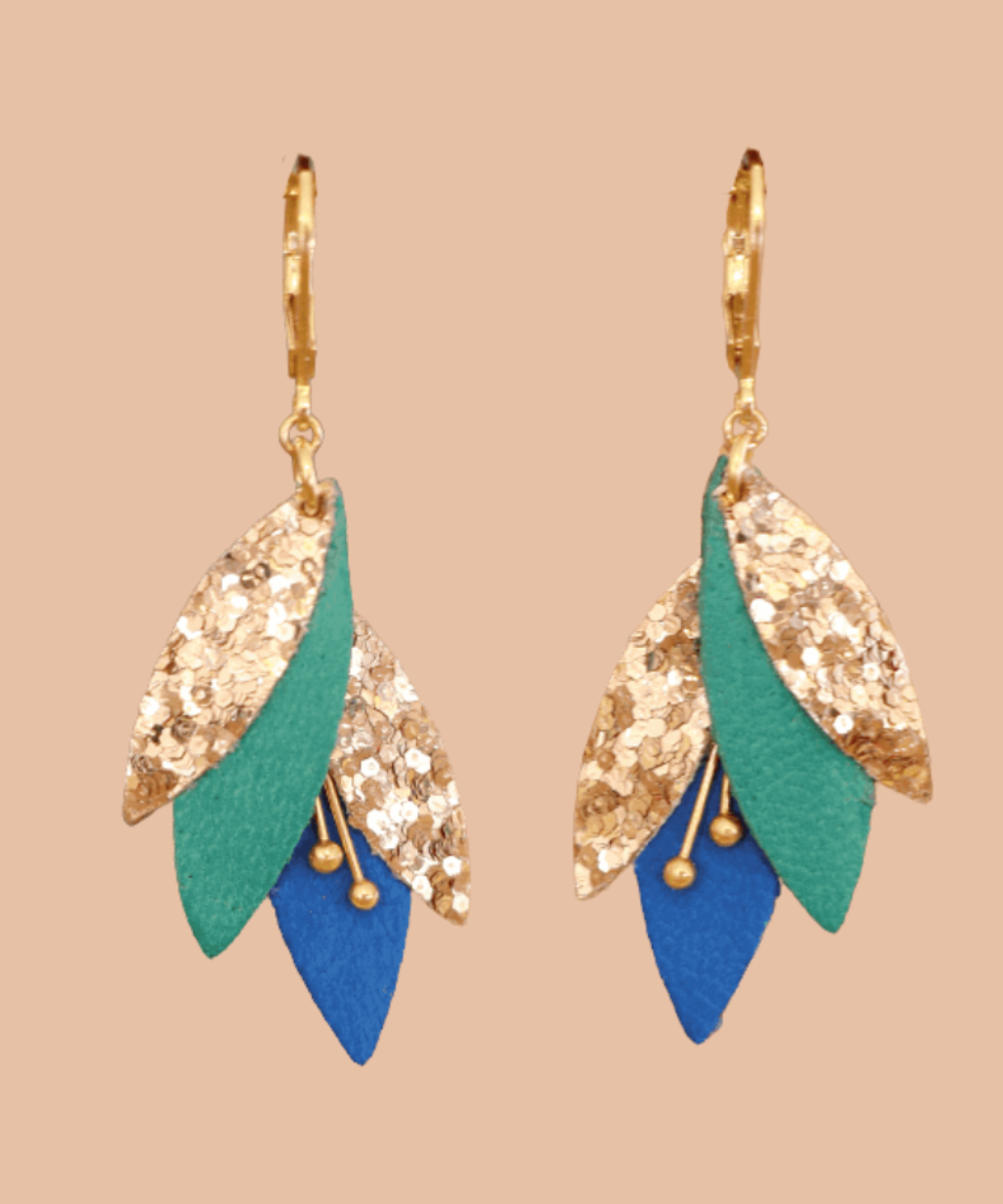 Boucles d'oreilles en cuir Tibre - Bleu Roi, Emeraude de la marque française May & June