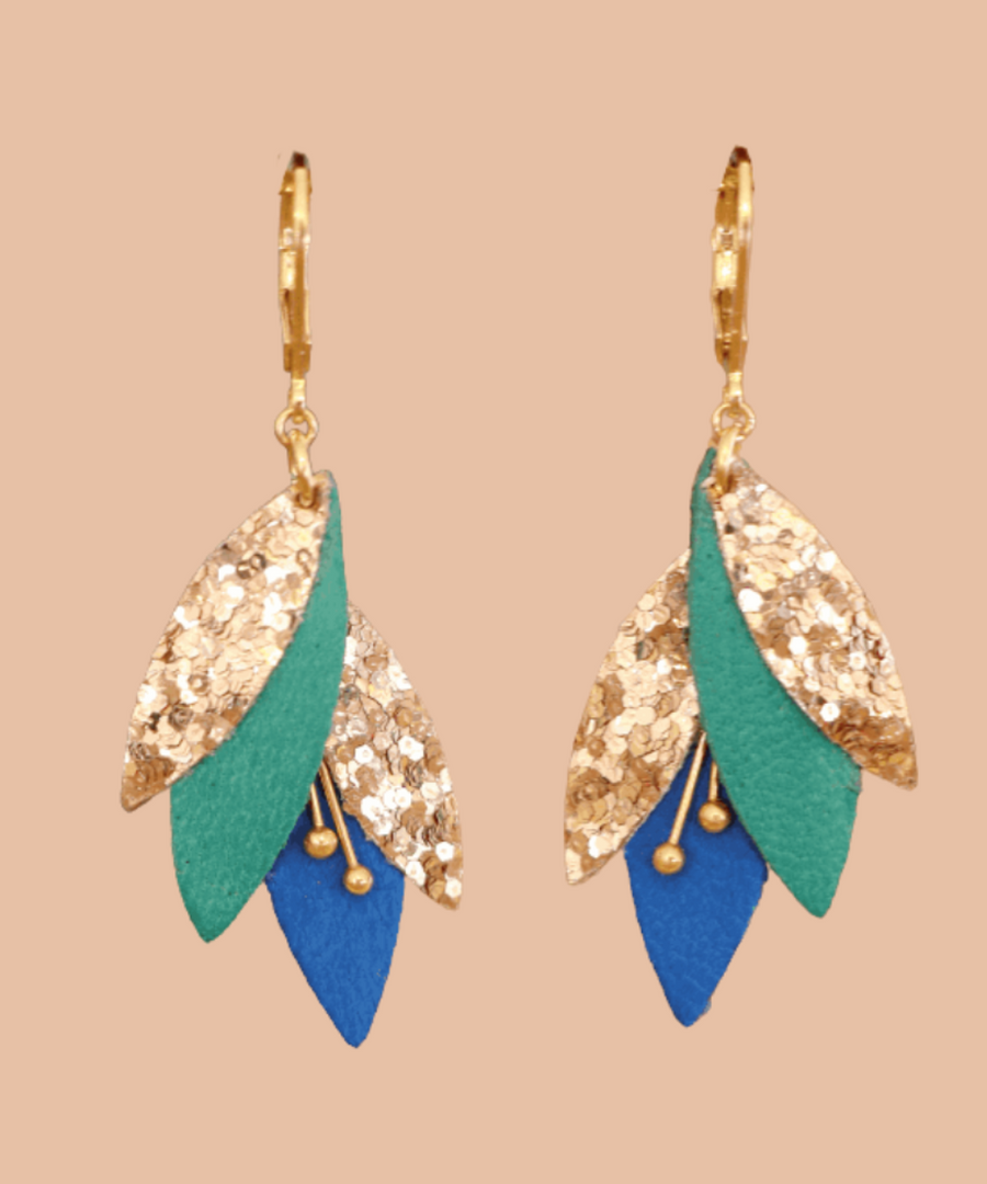 Boucles d'oreilles en cuir Tibre - Bleu Roi, Emeraude de la marque française May & June