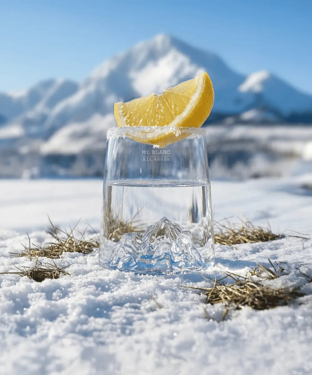 Zoom sur un shooter posé dans la neige, avec une montagne en fond. Un quartier de citron est posé sur le dessus du verre