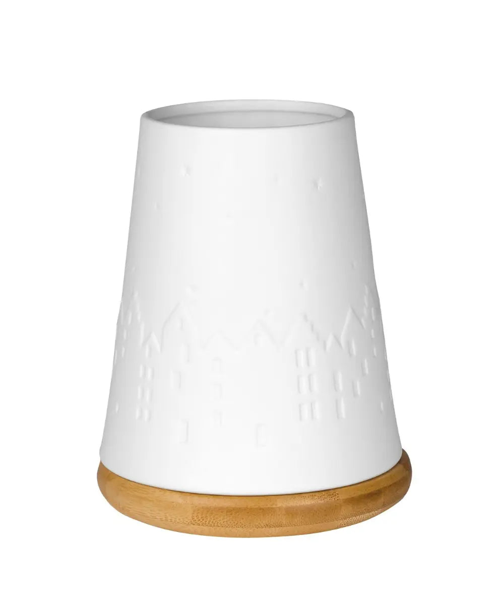 Photophore ville d hiver rader en porcelaine blanche et socle en bambou pour bougie chauffe plat.