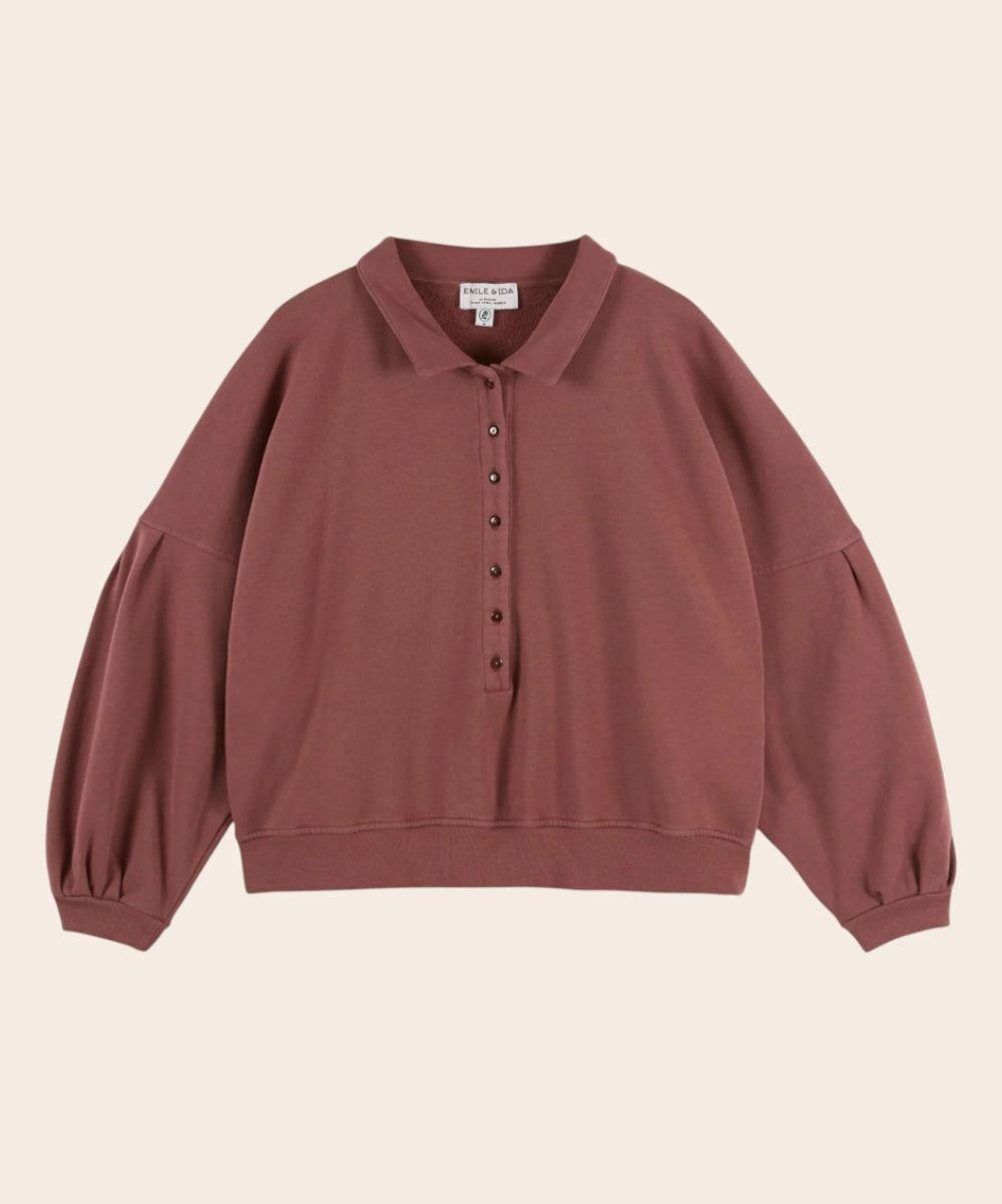 Sweat Polo Boutonné Violet sur fond blanc de la marque Emile et Ida