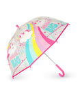 Parapluie enfant Licorne de Legami ouvert, avec sa poignée courbe, sur fond blanc