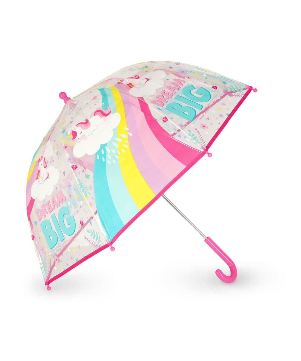 Parapluie enfant Licorne de Legami ouvert, avec sa poignée courbe, sur fond blanc