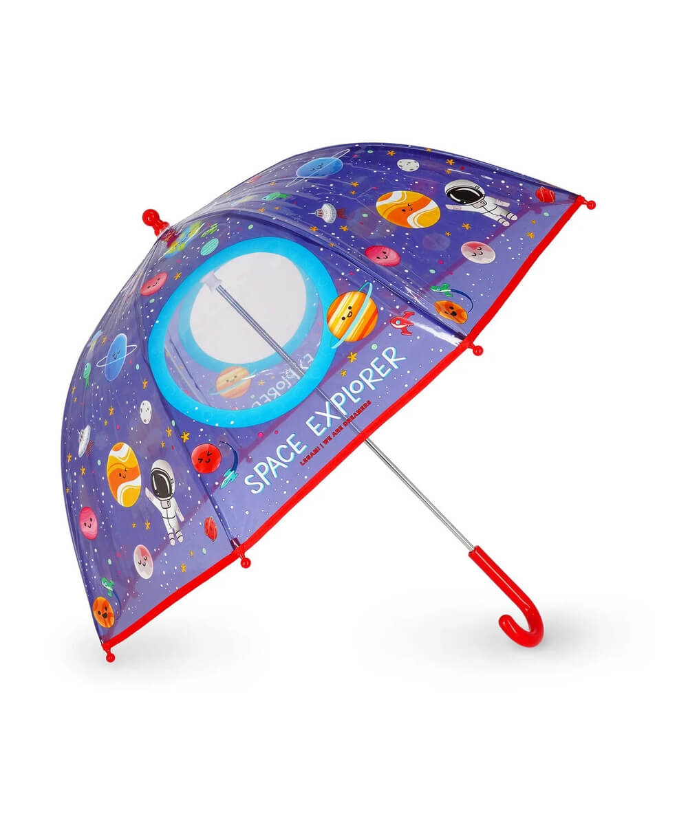 Parapluie enfant Espace de Legami ouvert, avec sa poignée courbe, sur fond blanc