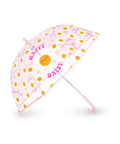 Parapluie enfant Marguerites de Legami ouvert, avec sa poignée courbe, sur fond blanc
