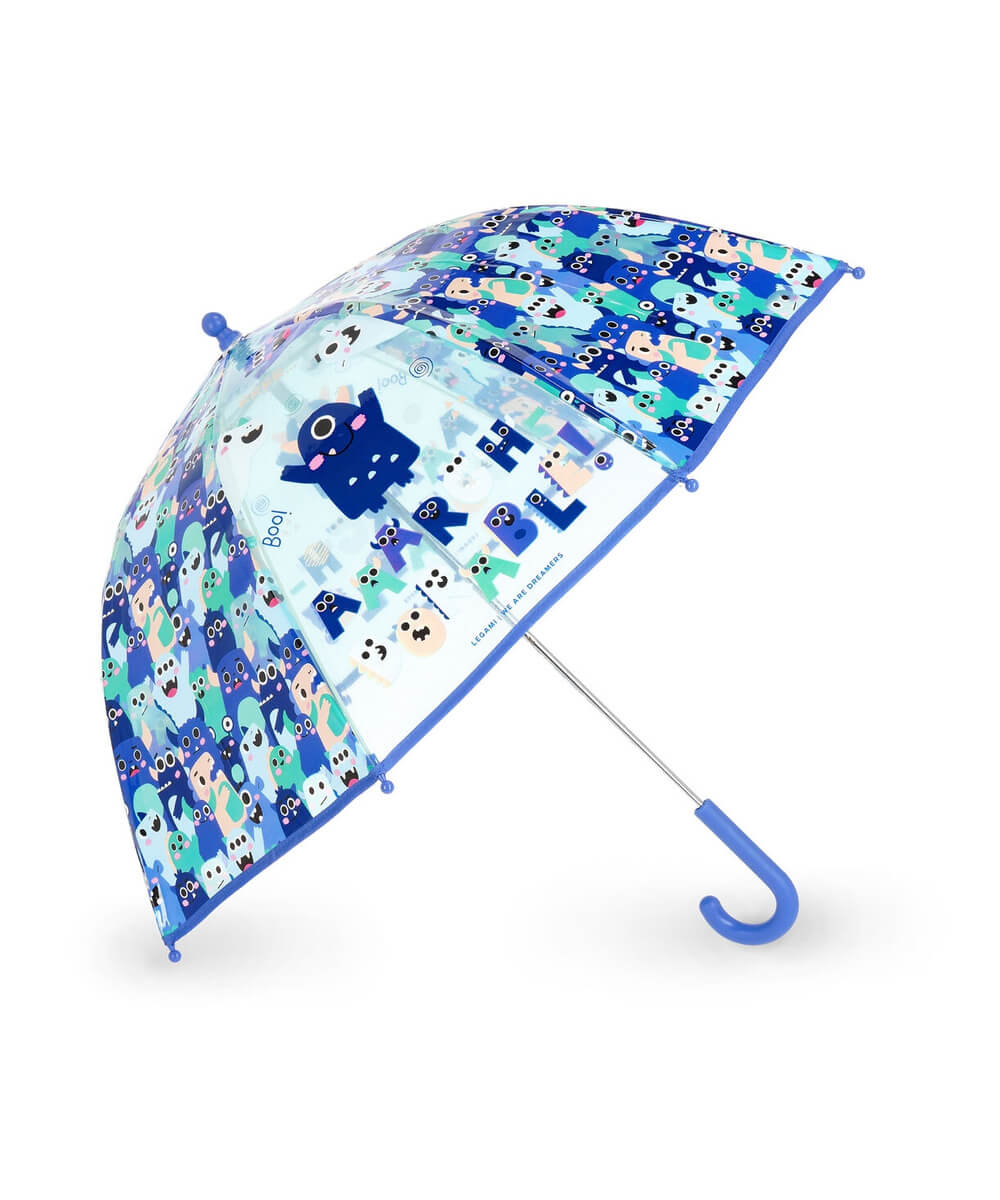 Parapluie enfant Monstres de Legami ouvert, avec sa poignée courbe, sur fond blanc