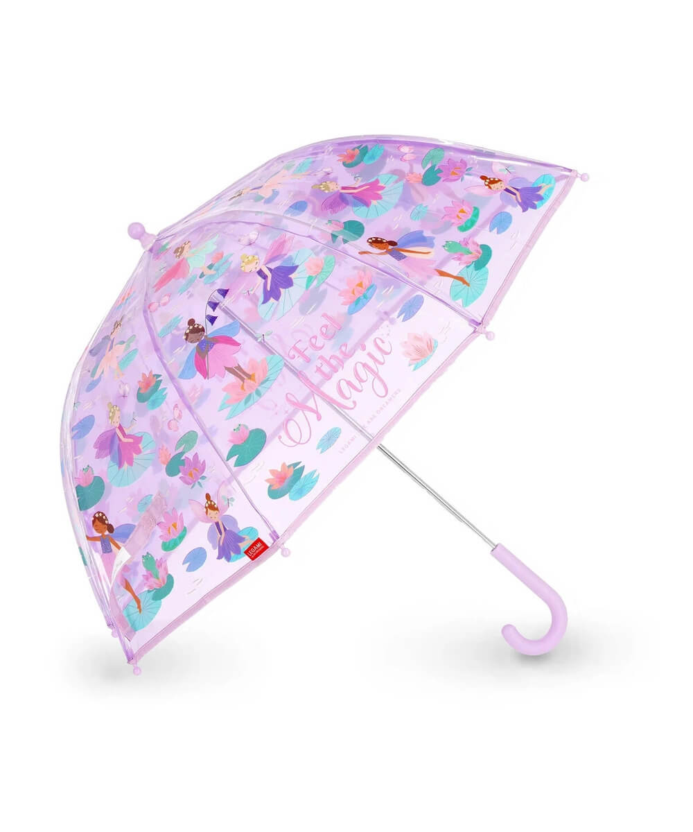 Parapluie enfant Fées de Legami ouvert, avec sa poignée courbe, sur fond blanc