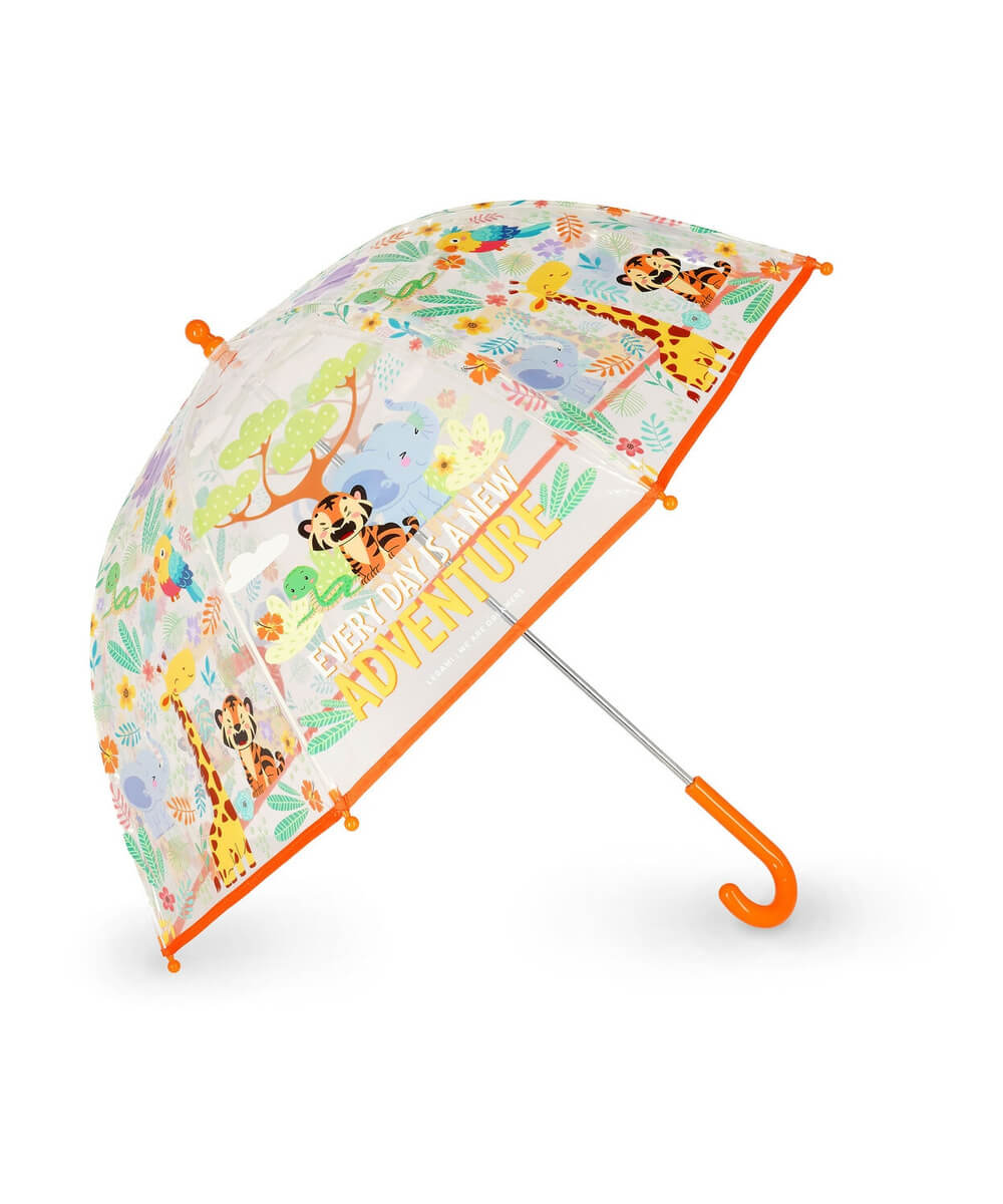 Parapluie enfant Jungle de Legami ouvert, avec sa poignée courbe, sur fond blanc