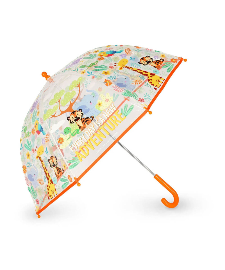 Parapluie enfant Jungle de Legami ouvert, avec sa poignée courbe, sur fond blanc