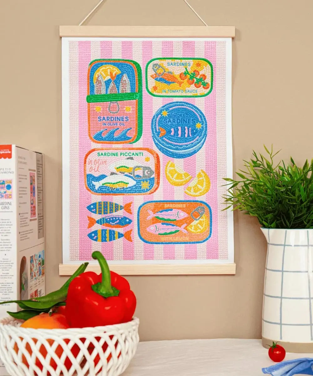 Toile réalisée du Kit Petit Diamond Painting Sardine Cans de La Petite Épicerie