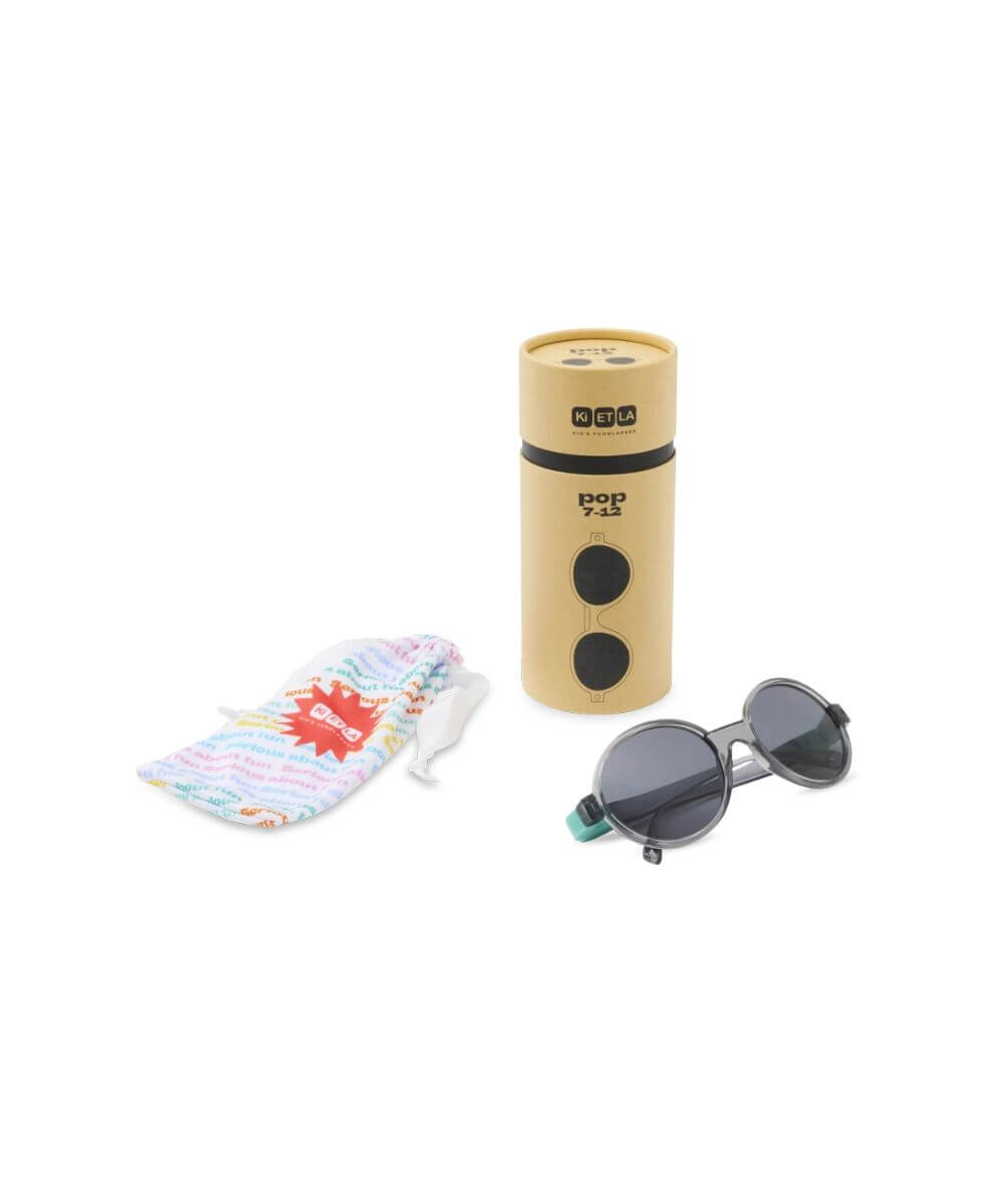 Vue du kit de Lunettes Pop Noir / Bleu Lagon de la marque KI ET LA, avec boite et pochon