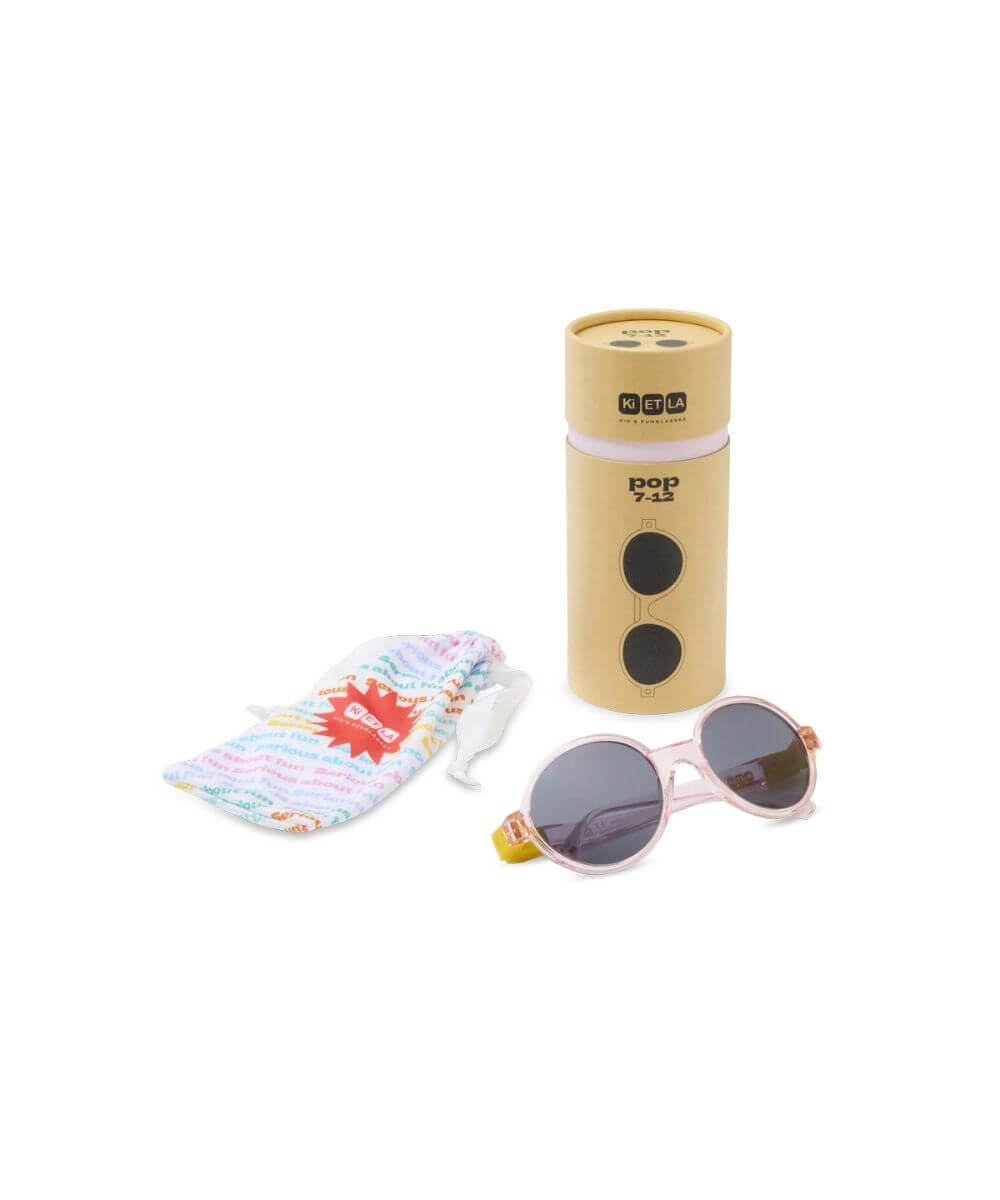 Vue du kit de Lunettes Pop Rose / Jaune de la marque KI ET LA, avec la boite et le pochon