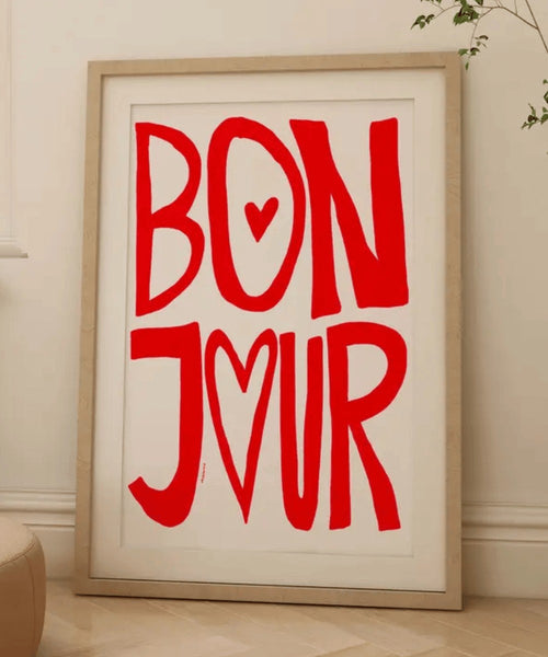 Affiche A3 avec le message Bonjour écrit en rouge