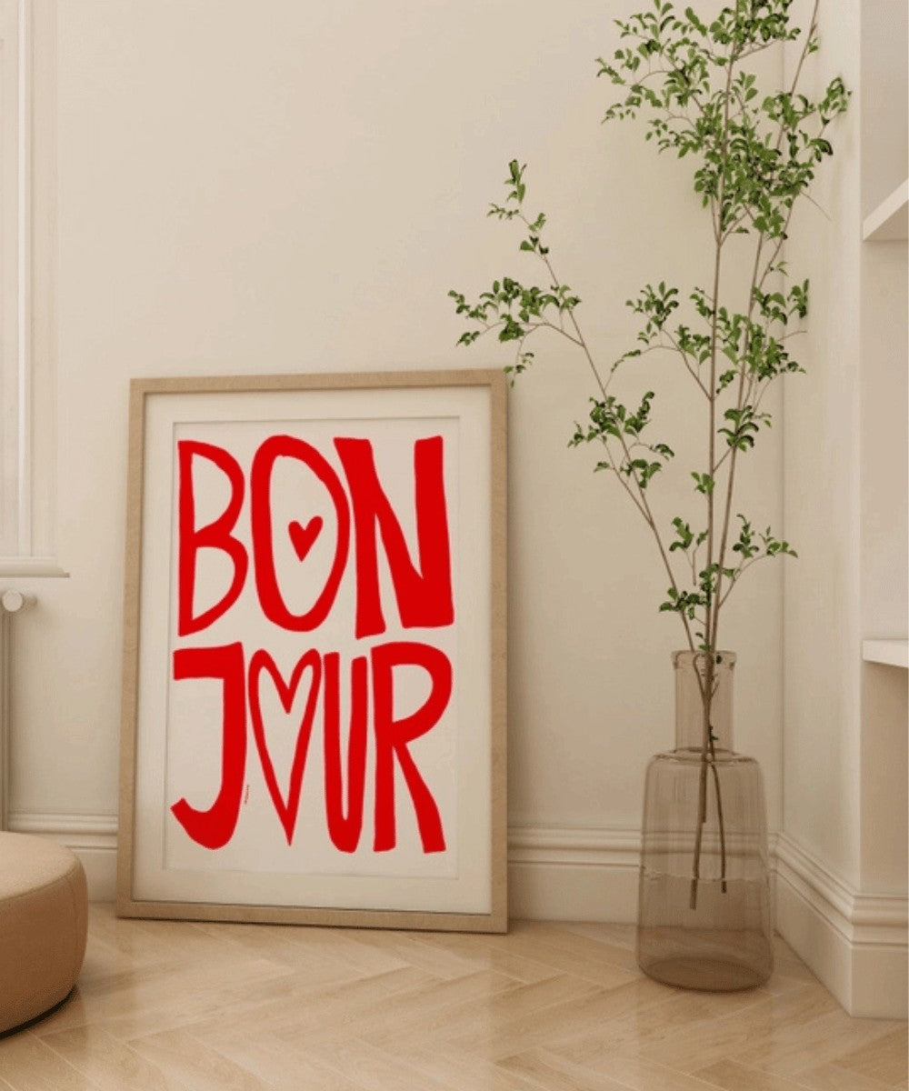 Affiche A3 avec le message Bonjour écrit en rouge
