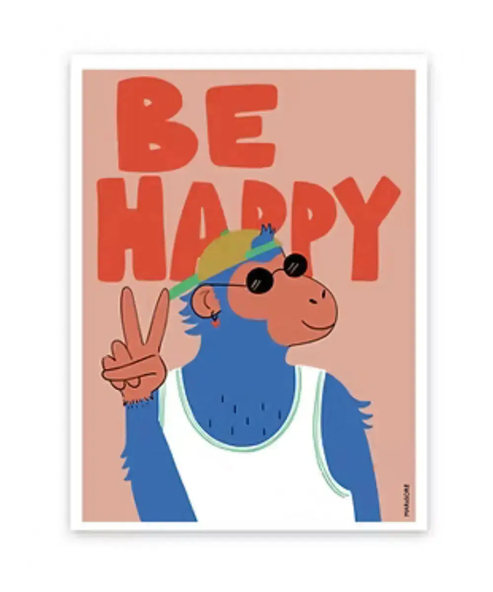 Affiche Be Happy Monkey de la créatrice française Mariisoré sur un fond blanc