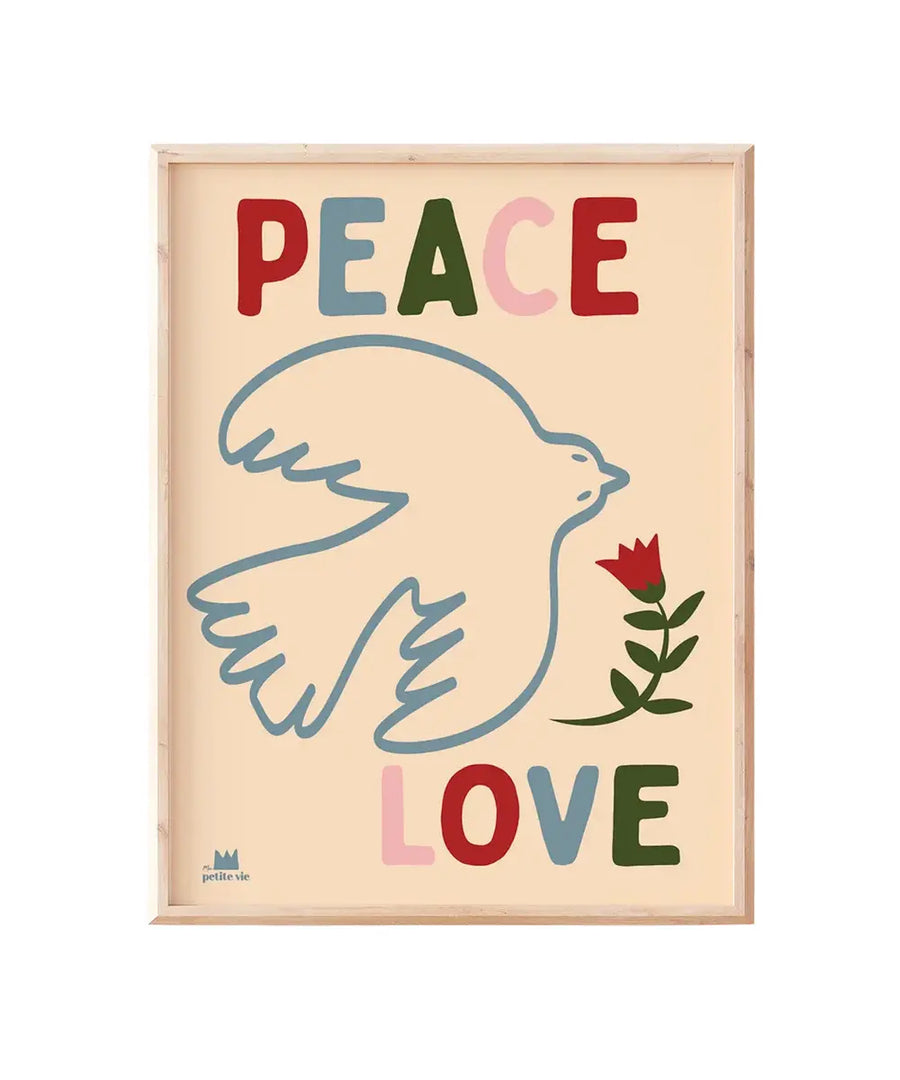 Affiche format 30x40 cm Peace and Love de la marque française Ma Petite Vie, sur fond blanc