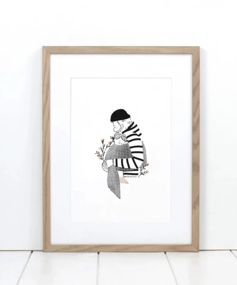 Illustration murale épurée au format A5 montrant une petite fille endormie sur son papa de la marque My Lovely Thing.