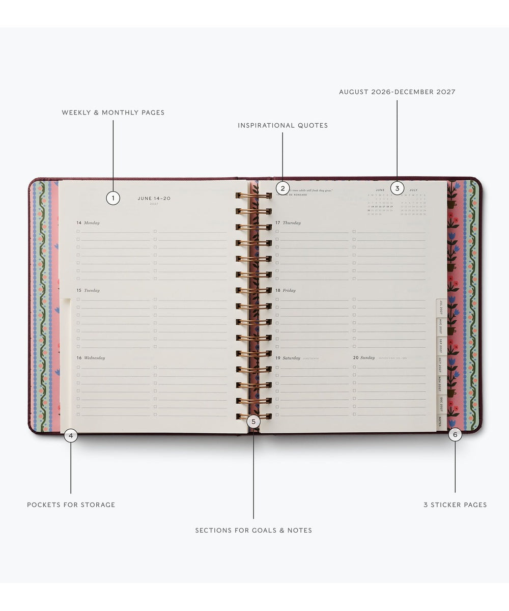 Détails intérieurs et stickers de l'agenda Rifle Paper Co.