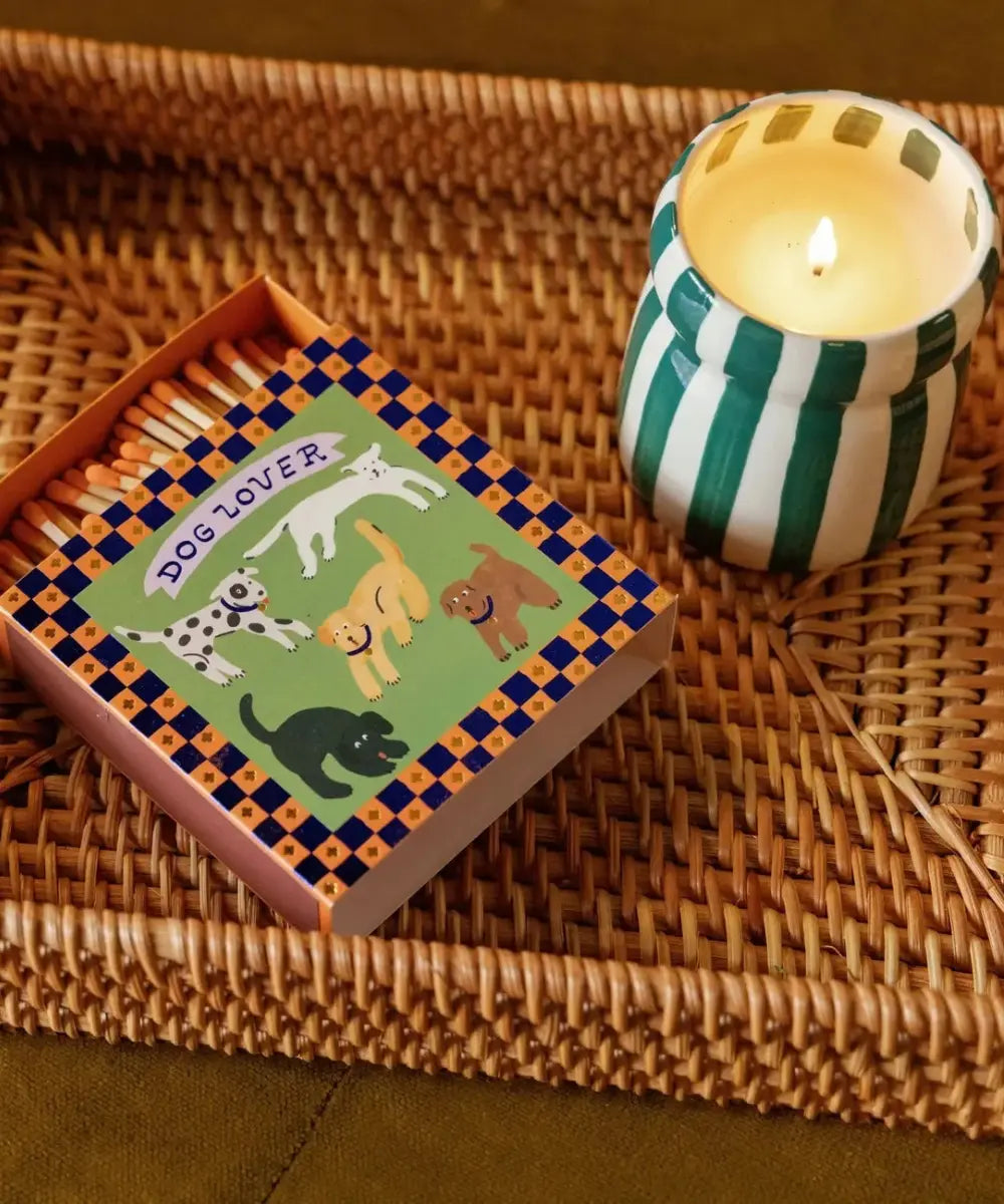 Boite de grandes allumettes deco dog lover paddywax avec illustrations de chiens retro.