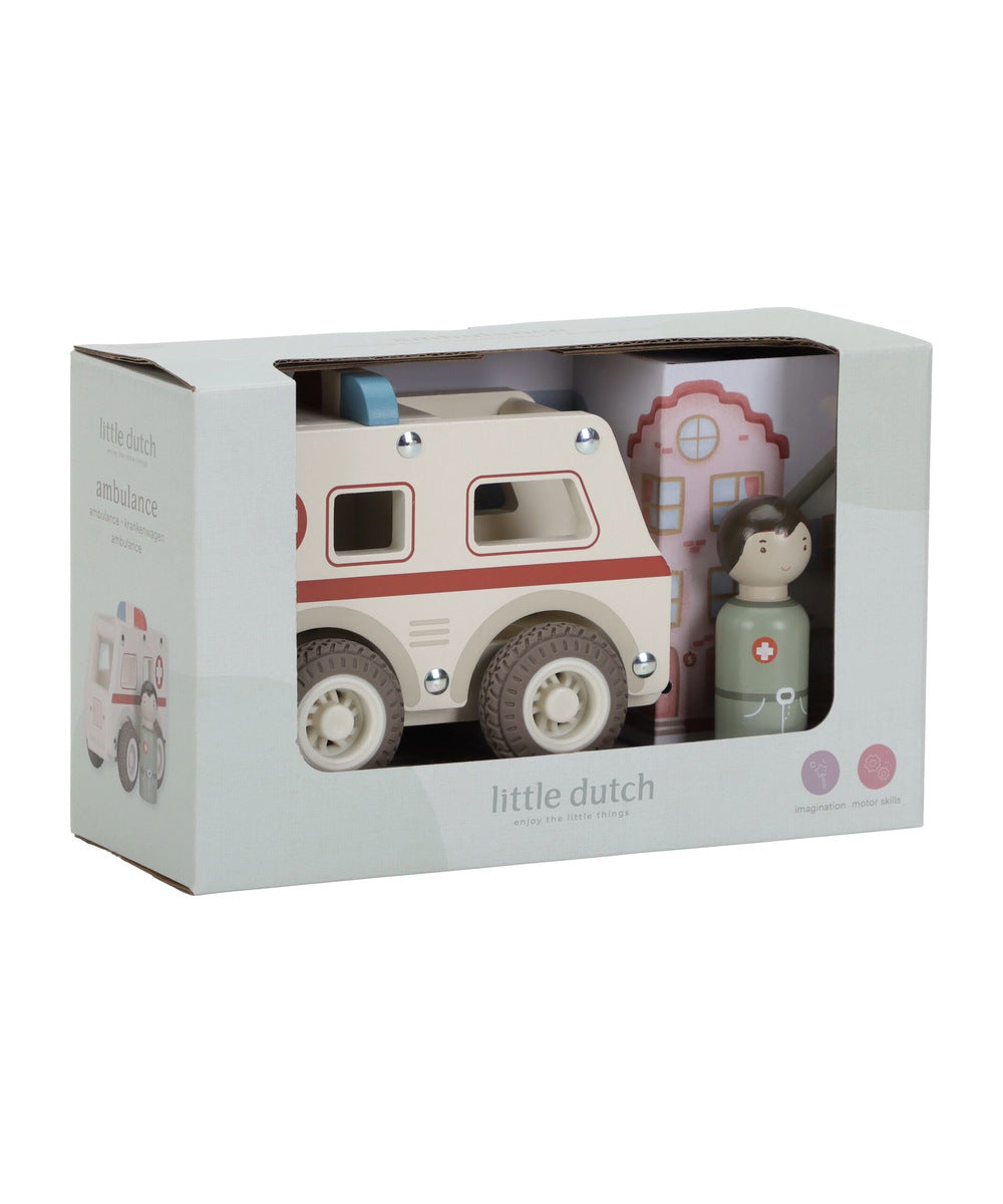 Ambulance en bois Little Dutch présentée dans sa boîte