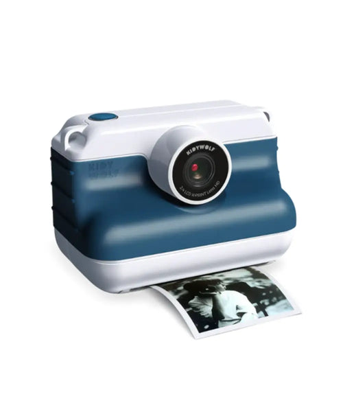 Appareil photo instantané pour enfant K-Print bleu de Kidywolf avec écran couleur arrière et fente d'impression.