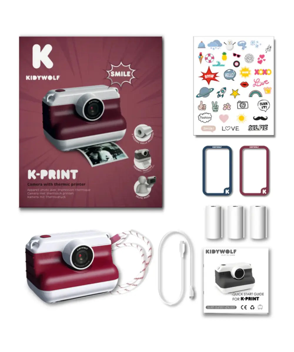 Appareil photo instantané pour enfant K-Print rouge de Kidywolf avec écran couleur arrière et fente d'impression.
