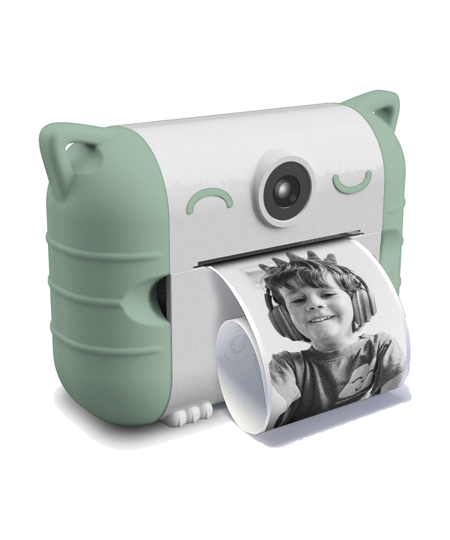Appareil Kidyprint vert imprimant une photo en noir et blanc