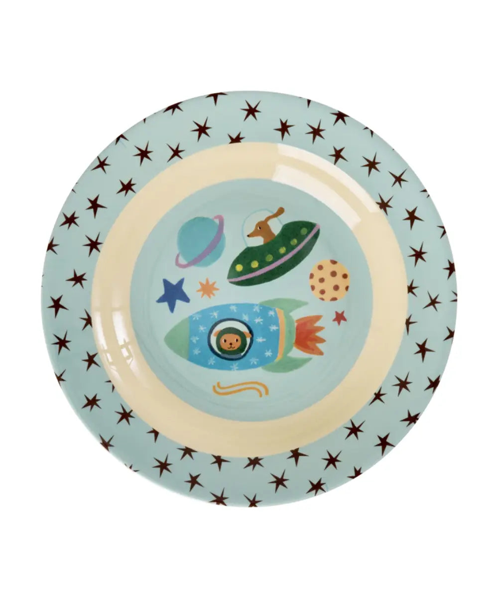 Assiette creuse en mélamine Dogs in Space de la marque danoise Rice