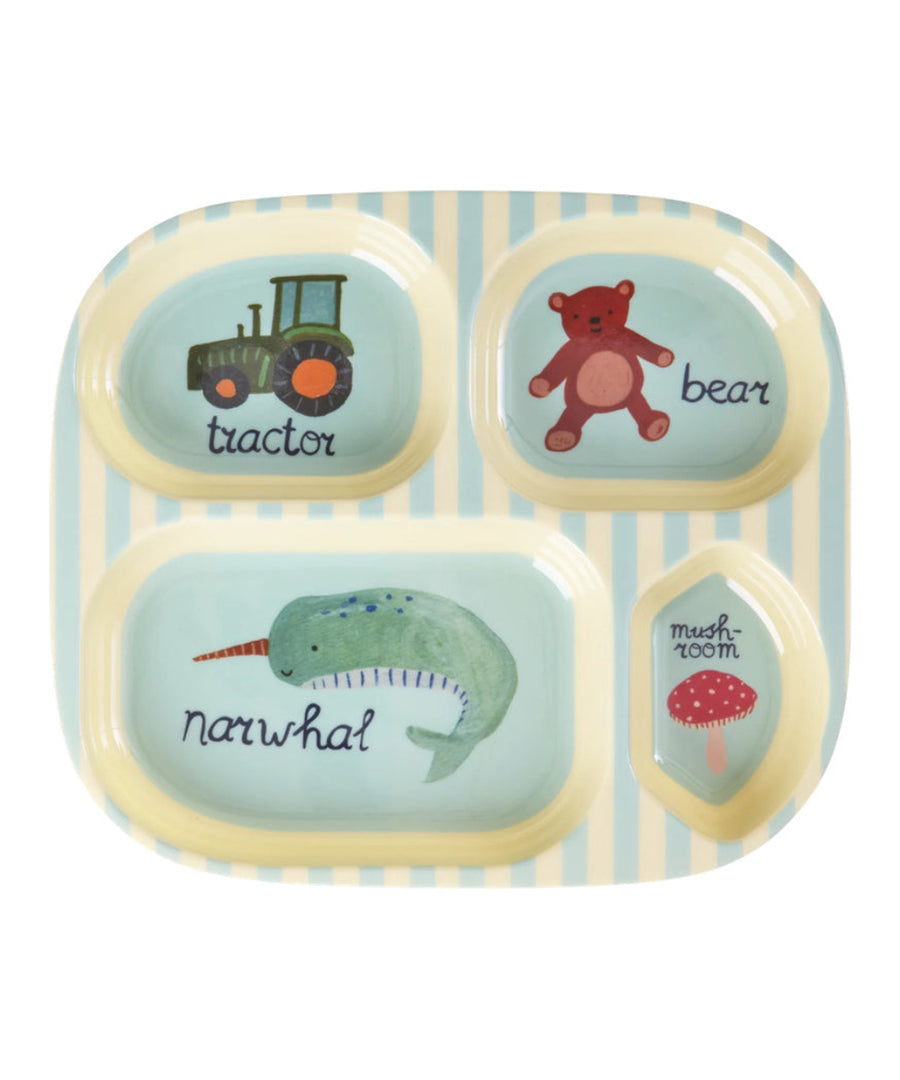 Assiette enfant compartimentée ABC bleu de Rice sur fond blanc