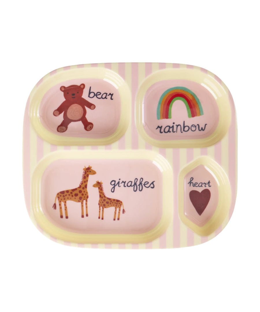 Assiette plateau a 4 compartiments en melamine imprimé abc rose rice dk pour enfant.