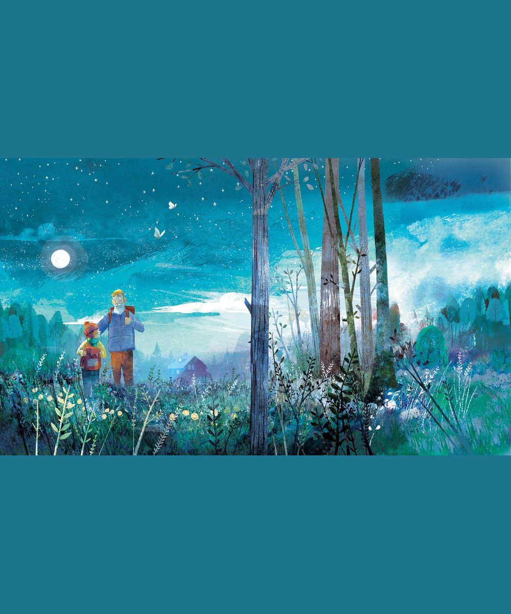 Un grand-père et son petit-fils marchant dans une forêt au clair de lune dans le livre Balade au clair de lune