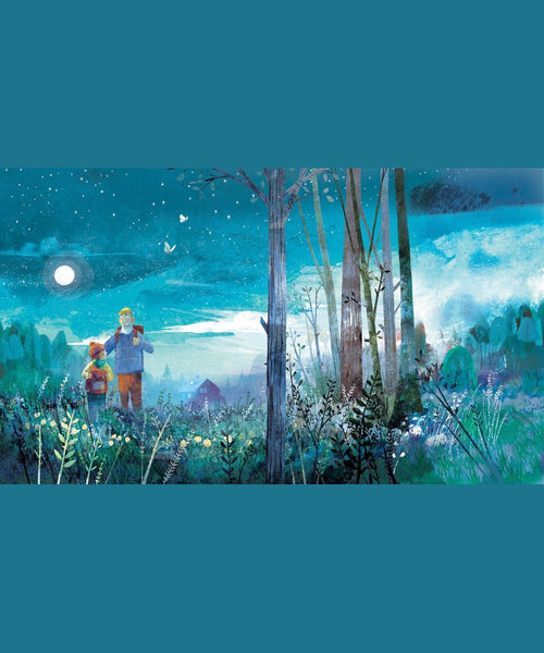Un grand-père et son petit-fils marchant dans une forêt au clair de lune dans le livre Balade au clair de lune