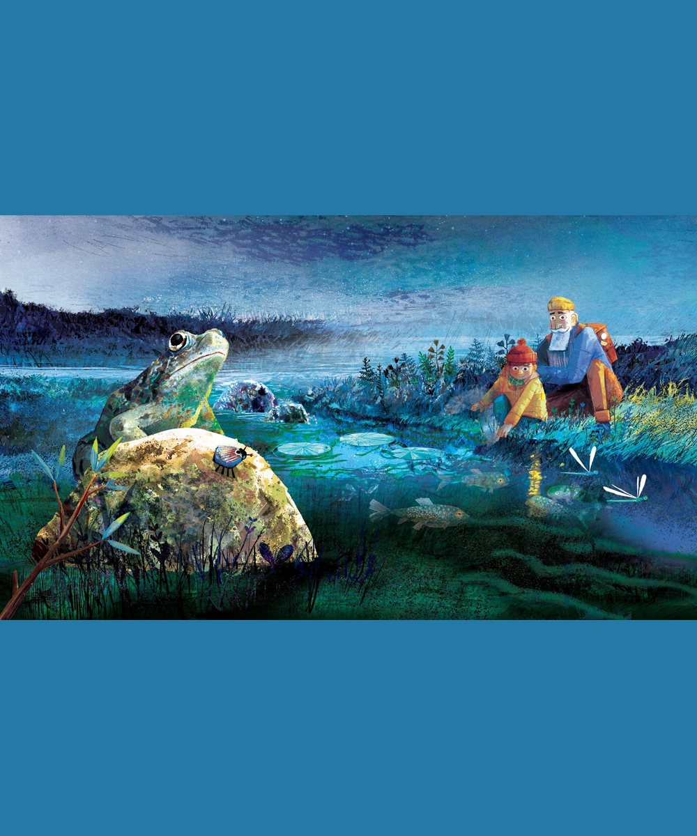 Un grand-père et son petit-fils observant des grenouilles au bord d'une mare dans Balade au clair de lune