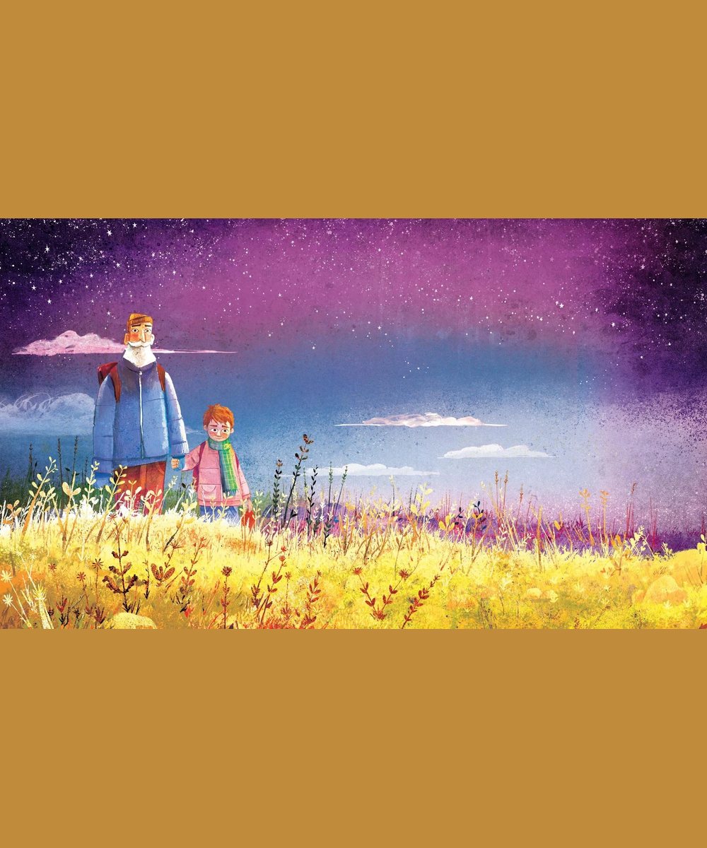 Un grand-père et son petit-fils partageant un souvenir dans une prairie au clair de lune