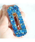 Barrette Paillettes bleues et or forme rectangle