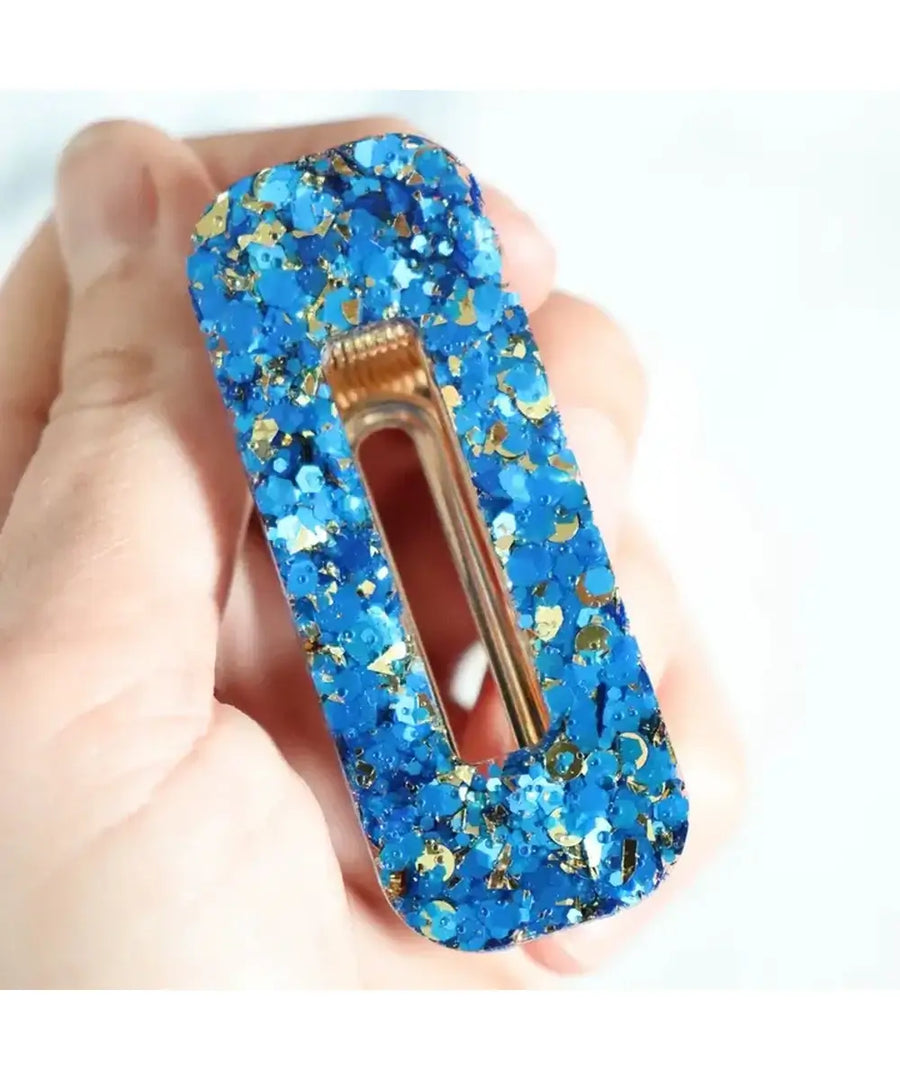 Barrette Paillettes bleues et or forme rectangle
