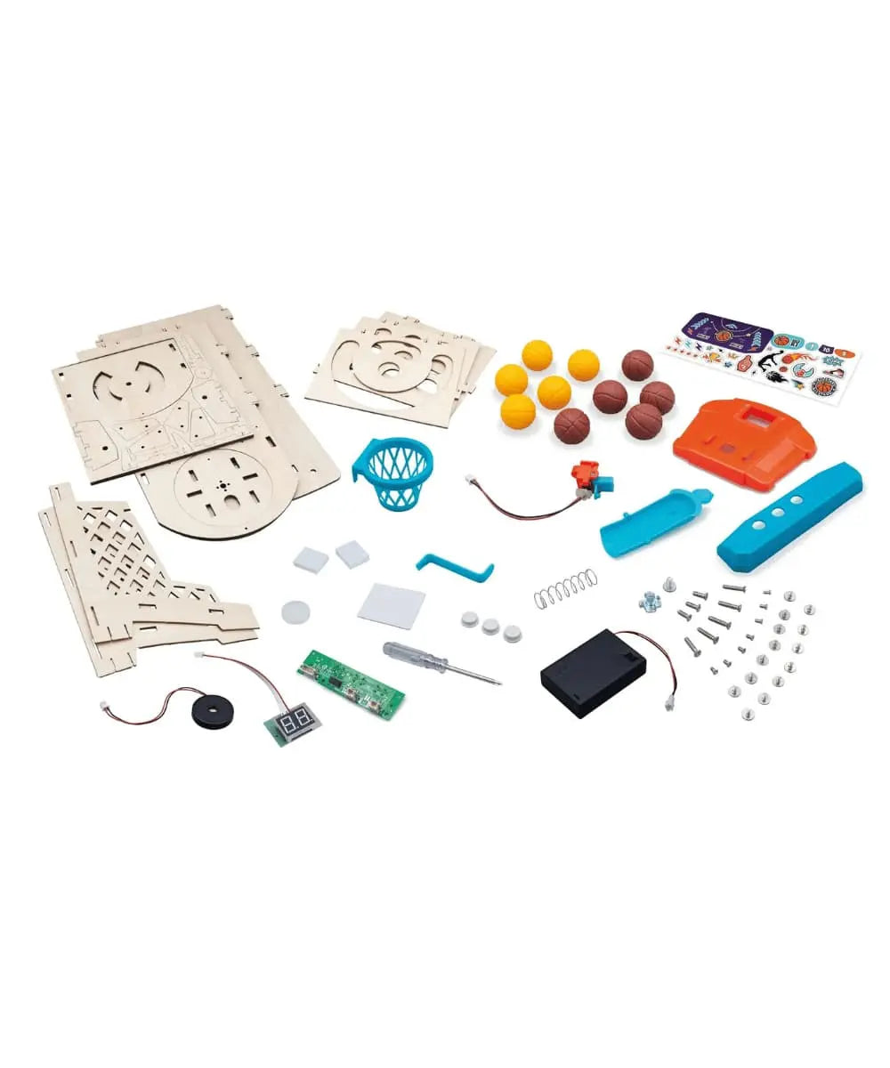 Contenu du coffret Basket-ball électronique de Buki. A monter pas-à-pas