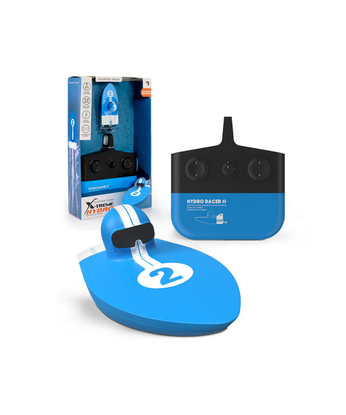 Bateau radiocommandé bleu Hydro Racer de Sharper Image avec sa télécommande et son emballage, sur fond blanc