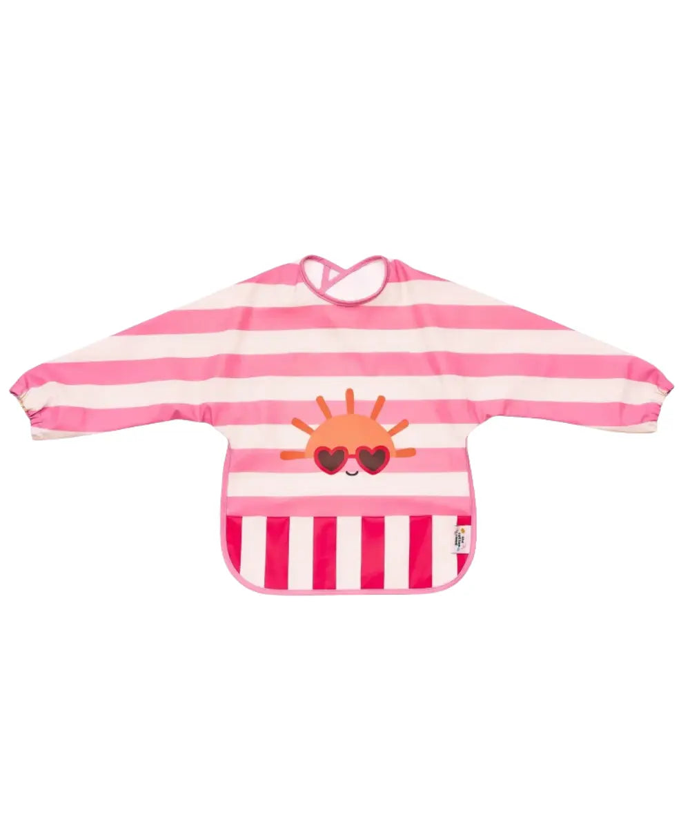 Grand bavoir imperméable pour bébé avec manches et poche ramasse-miettes en tissu recyclé The Cotton Cloud.