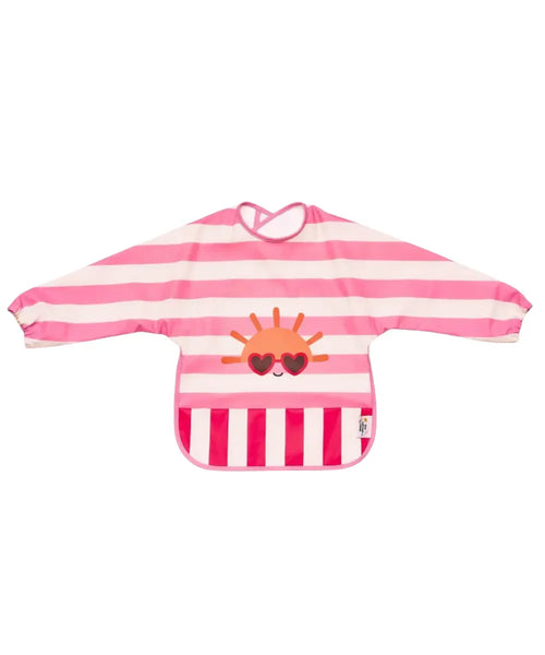 Grand bavoir imperméable pour bébé avec manches et poche ramasse-miettes en tissu recyclé The Cotton Cloud.