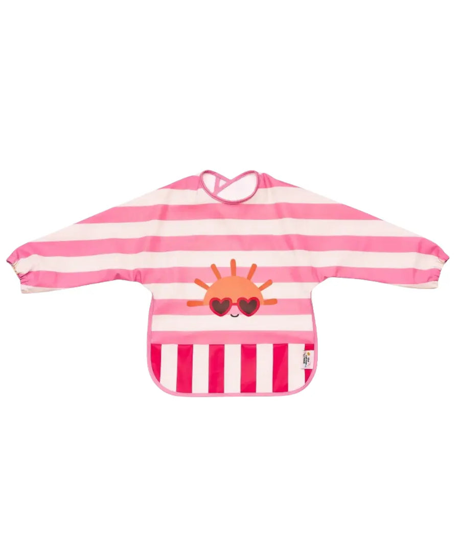 Grand bavoir imperméable pour bébé avec manches et poche ramasse-miettes en tissu recyclé The Cotton Cloud.